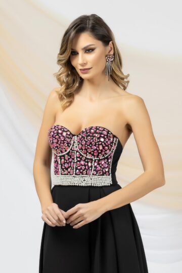Top tip corset negru elegant cu aplicații tip perle și cristale fuchsia