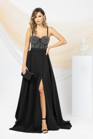 Top tip corset negru elegant cu aplicații din cristale multicolore